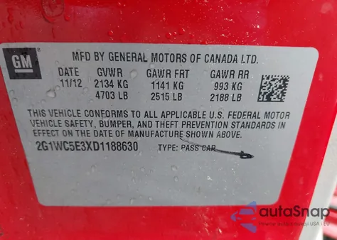 2013 Chevrolet Impala Ltz z USA, uszkodzony, nr VIN 2G1WC5E3XD1188630